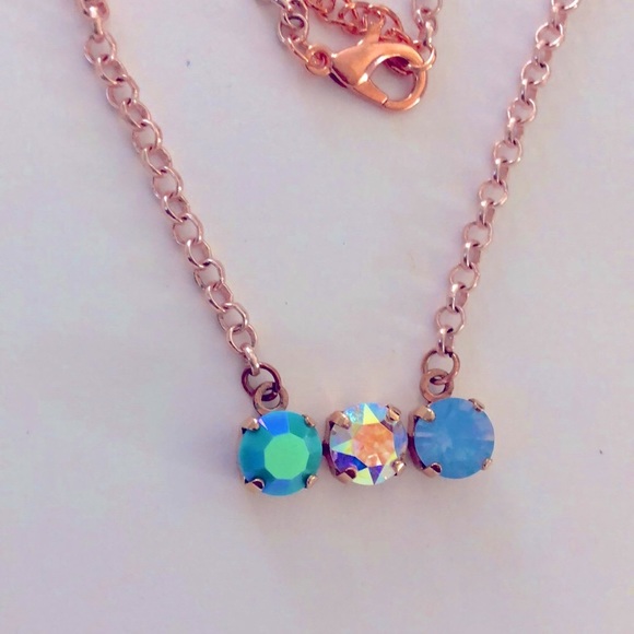 Iridescent Turquoise, Light Sapphire Opal +AB Crystal Bar Necklace - Picture 3 of 11